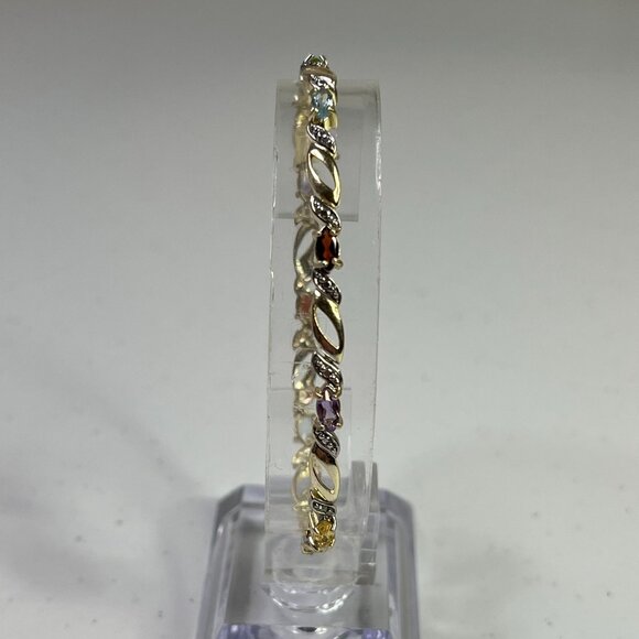 Vermeil Silver Multi-Gemstone Link Gold Color Bracelet With Secure Clasp - Picture 6 of 9